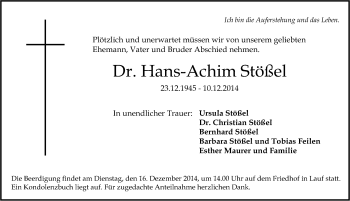 Traueranzeige von Hans-Achim Stößel von Pegnitz-Zeitung